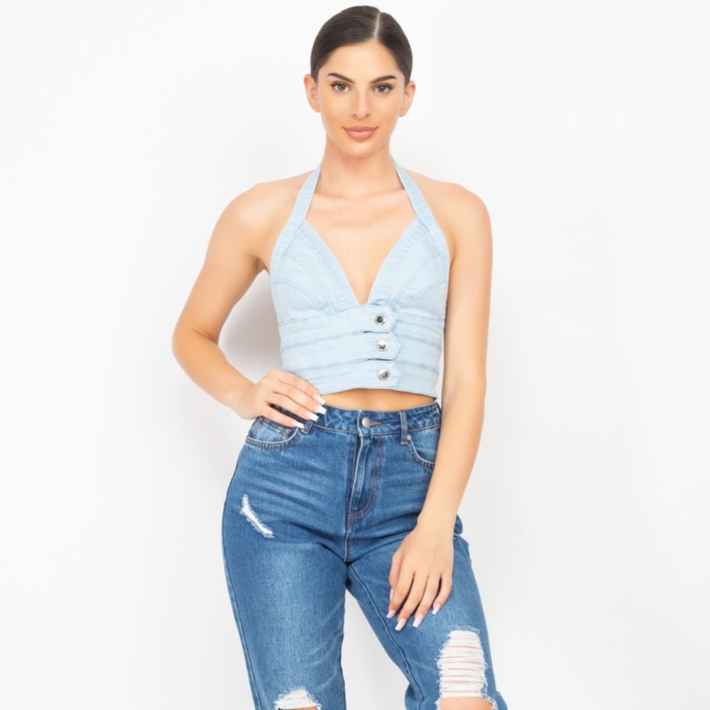 New Light Denim Halter Neck Seamed Crop Top